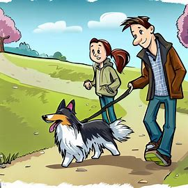 Brother and sister walking a dog