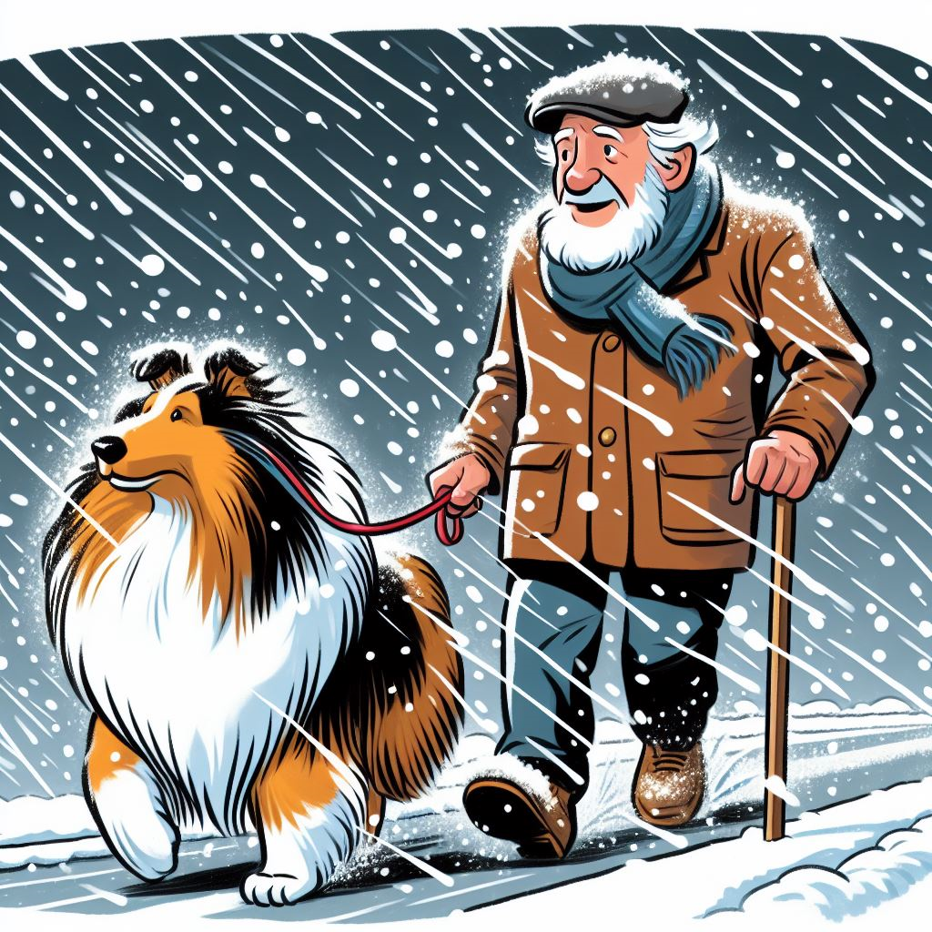 Old man walking dog in a snow storm